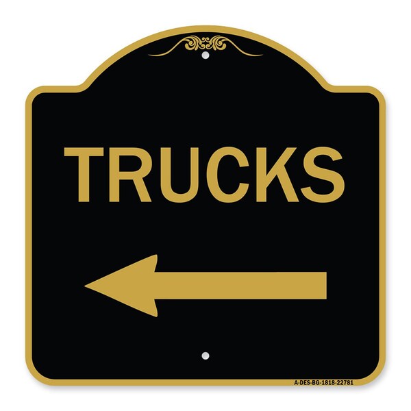 Trucks Sign Trucks W/ Left Arrow, Black & Gold Aluminum Architectural Sign, 18" x 18", BG-1818-22781